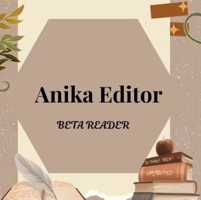 Anika Editor logo with a warm hexagon, books, leaves and a quill